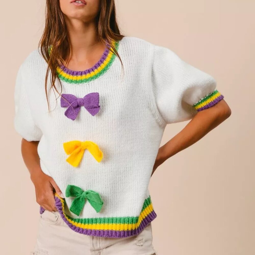 BiBi‎ Short Puff Sleeve Ribbon Bow Mardi Gras Sweater